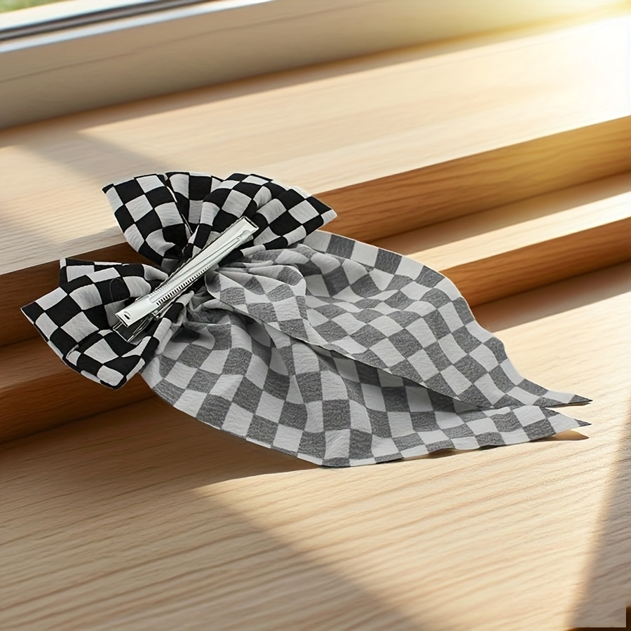 TEMU Black And White Checkered Bow With Large Ribbon Spring Clip - Elegant And , A Lady-like Look