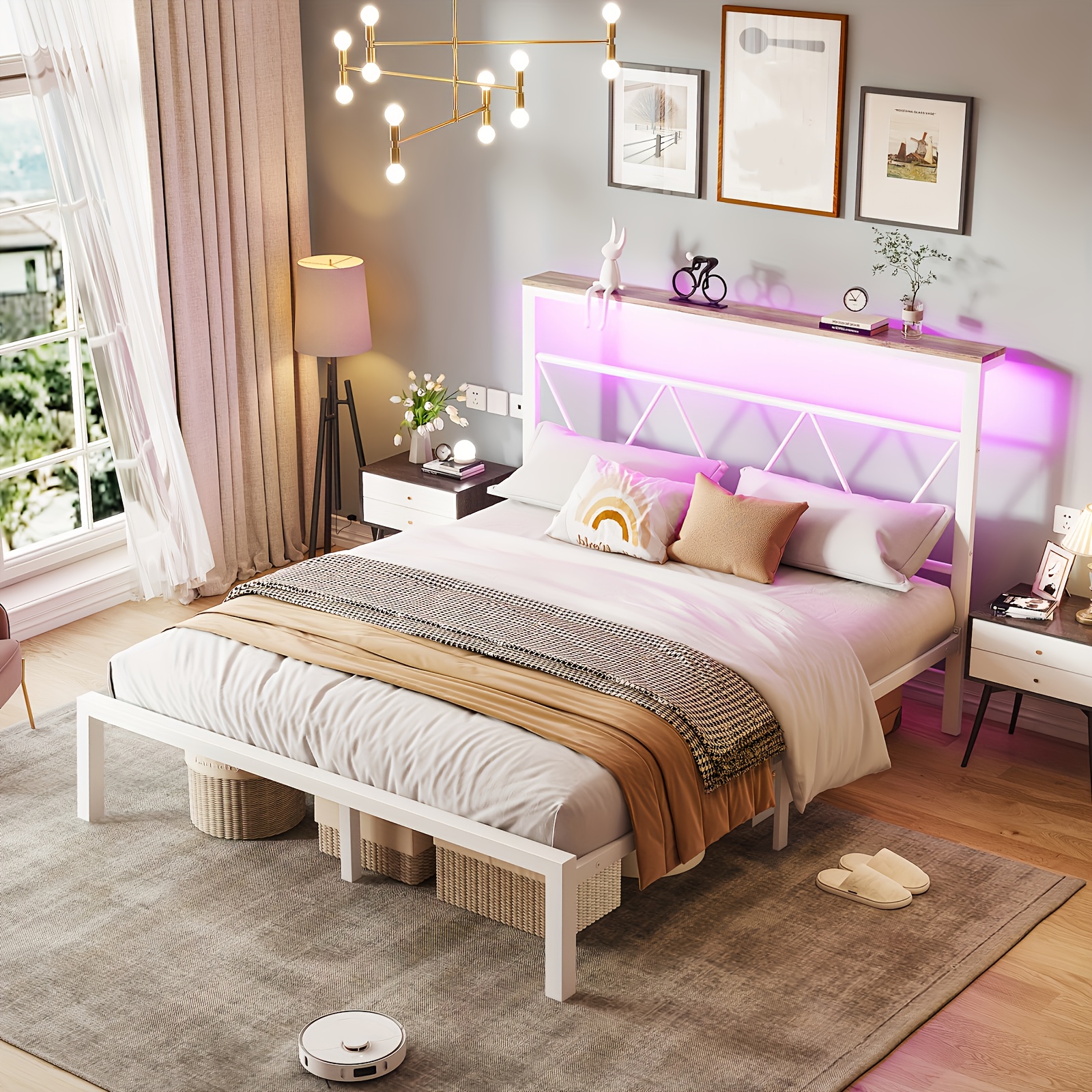 

Metal Bed Frame With Led Lights Headboard, Platform Bed With Storage Shelf, Spring Needed, Twin Full Queen,