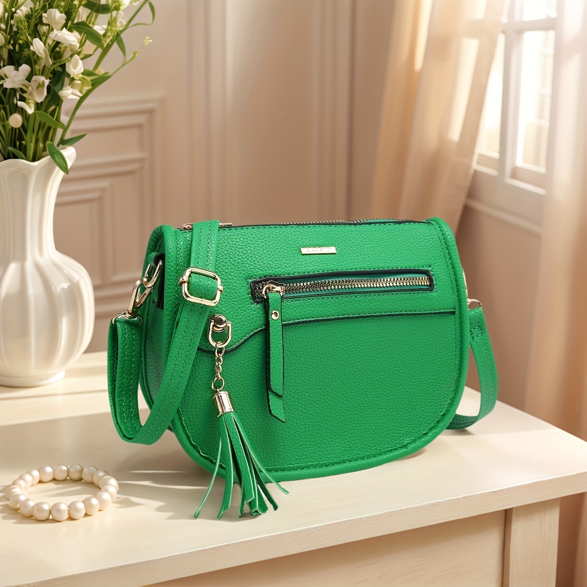 TEMU Women's Pu Sling Shoulder Bag, A Trendy Small Crescent-shaped Bag, Lightweight Travel Backpack With Tassels, In Multiple Colors, A Perfect Gift.