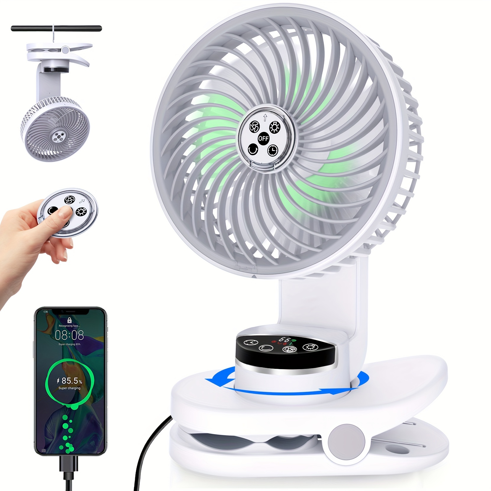

8 Inch Clip On Fan, 10000mah Battery Operated Desk Fan With 9 Speeds, Auto Oscillation Rechargeable Camping Fan With Atmosphere Light And Remote, Usb-c Powered Fan For Office Desktop Outdoor
