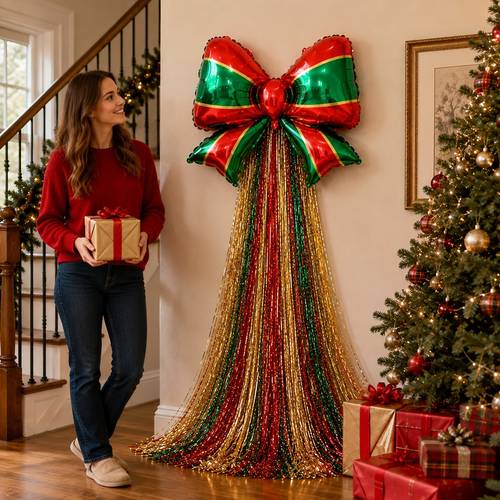 item picture 12pcs set of 30 inch christmas bow balloons in 3 colors with tassels dots included golden tassels red tassels and green tassels suitable for christmas decorations birthday parties halloween decorations engagements anniversaries
