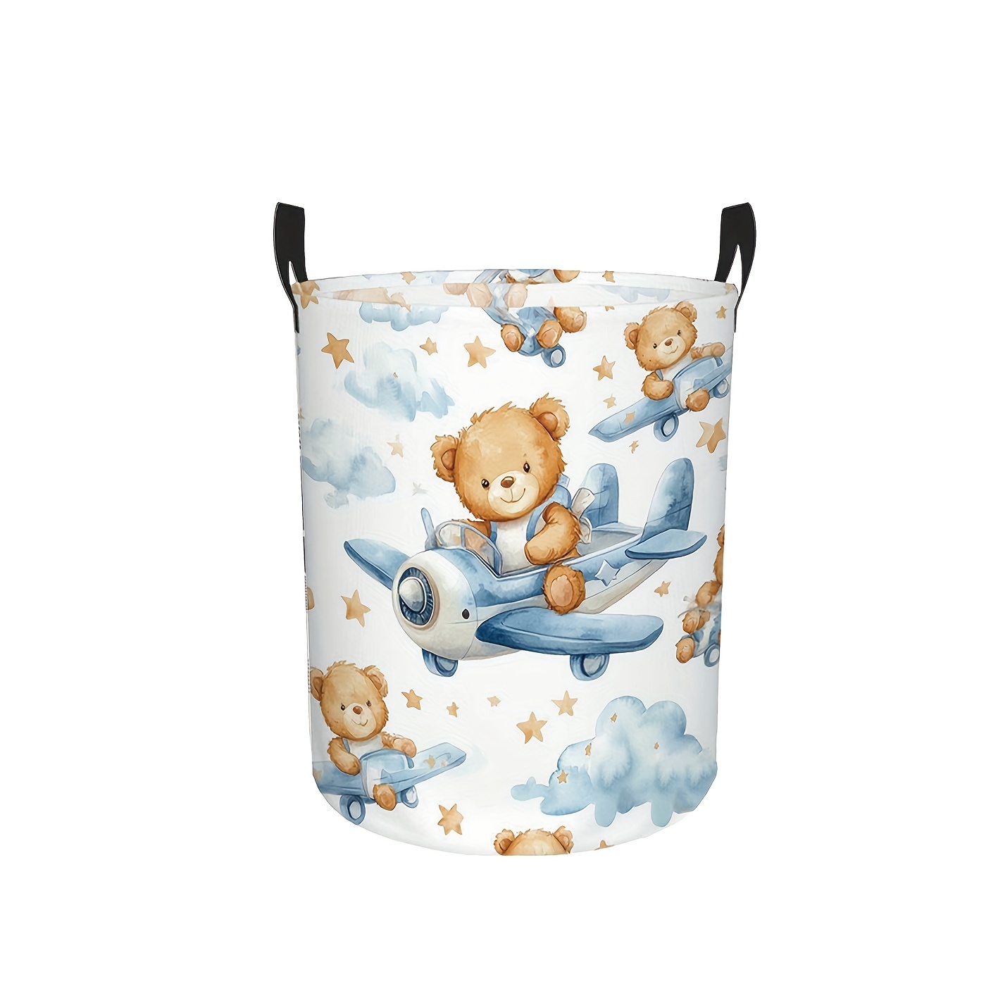 TEMU 1pc "white & Coffee Little Bear Pilot" Pattern Dirty Laundry Basket, Multi-functional Foldable Large Capacity Storage Bucket, Ideal For Room