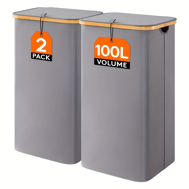 TEMU 2er-Set 100L Großer Wäschekorb mit Deckel, 75*41*33cm Wäschekorb mit abnehmbarem Beutel & Bambusgriffen, faltbarer Wäschekorb für Schmutzwäsche,