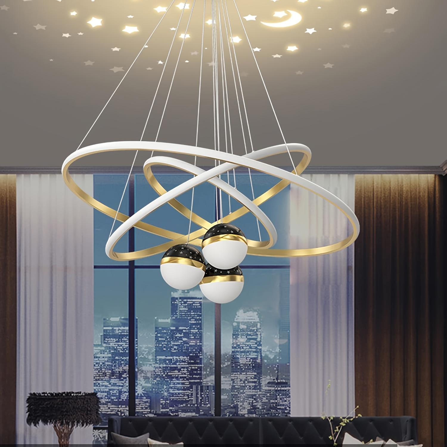 Modern 3-Ring LED Chandelier with Golden Accents - Adjustable Brightness, Sleek Metal Design for Living Room, Kitchen, Office, or Dining Area, 50+40+30cm, Modern Dining Light|Elegant Chandelier|Durable Metal Construction, Chandelier Lighting