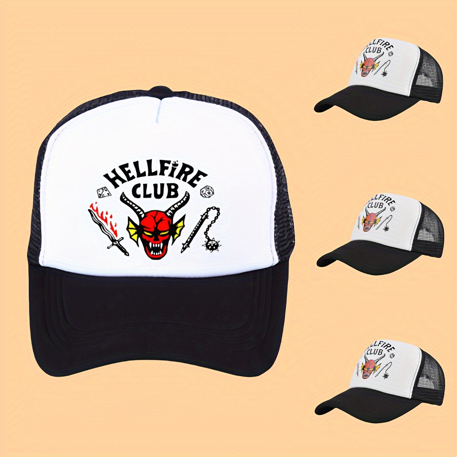 

1pc Fashionable Hellfire Club Trucker Hat – Lightweight Polyester Mesh Baseball Cap With Print Design