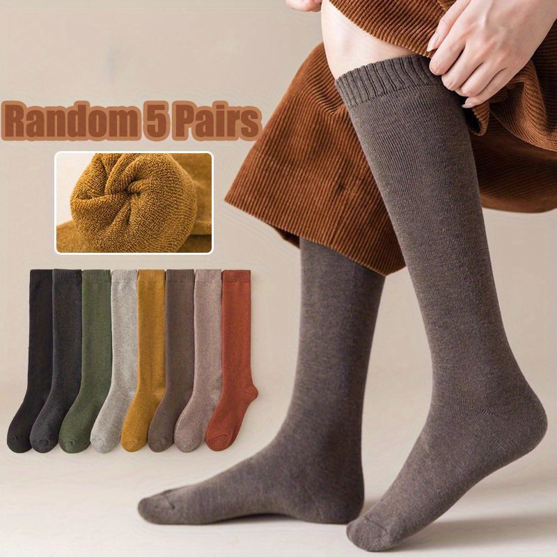 TEMU Random 5 Pairs Autumn Winter New Warm Sweat-absorbing Easy Versatile Solid Color Fleece Thickened Solid Color Men Women Same Style Calf Socks,