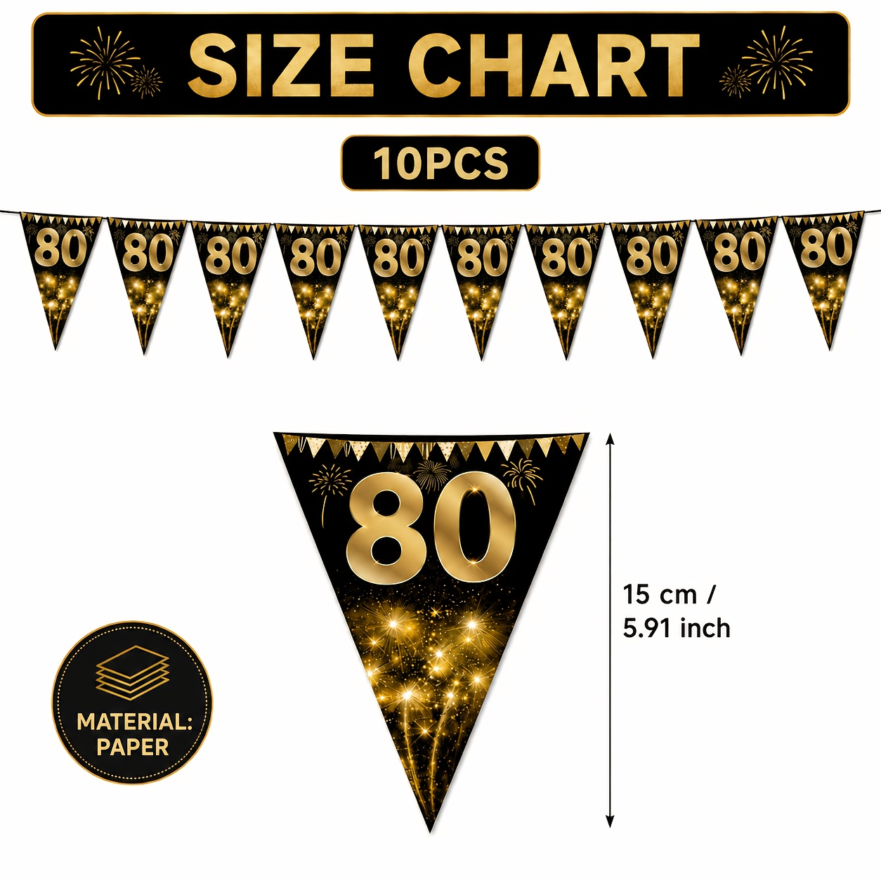 TEMU A Set Of Black And Golden 80th Birthday Triangular Bunting Flags With Starlight Fireworks, Featuring An 80th Birthday Triangular String Banner