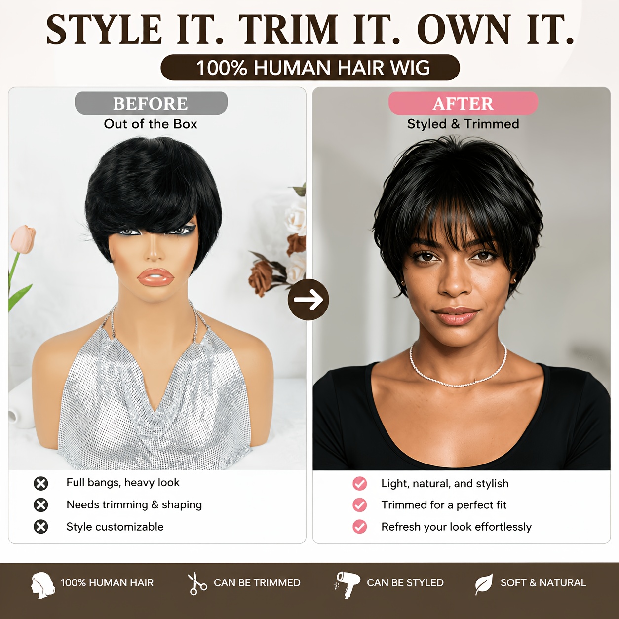 TEMU Short Cut Wig Human Hair Peruvian Human Hair Wig With Bangs Full Machine Made Straight Wig For Women 150% Density Real Natural Vibe Versatile