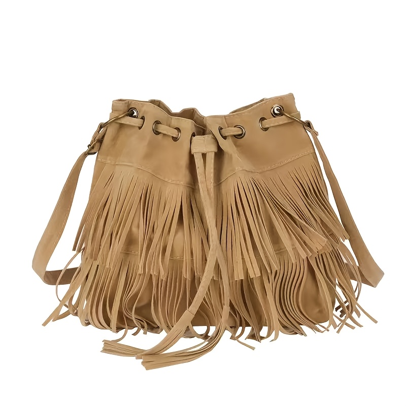 TEMU Sac Bandoulière Panier Rétro à Franges pour Femmes, Sac à Cordon Style Western, Sac à Épaule à Volants en Similicuir, Sac Bohème à Franges, en