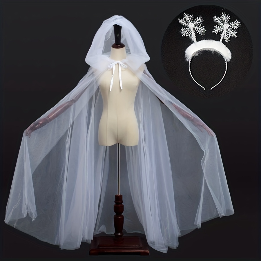 TEMU 2pcs White Christmas Cape And Snowflake Hair Accessory Set - Party Costume, Holiday Photo Shoot Outfit, Machine Washable Festive Dress-up,