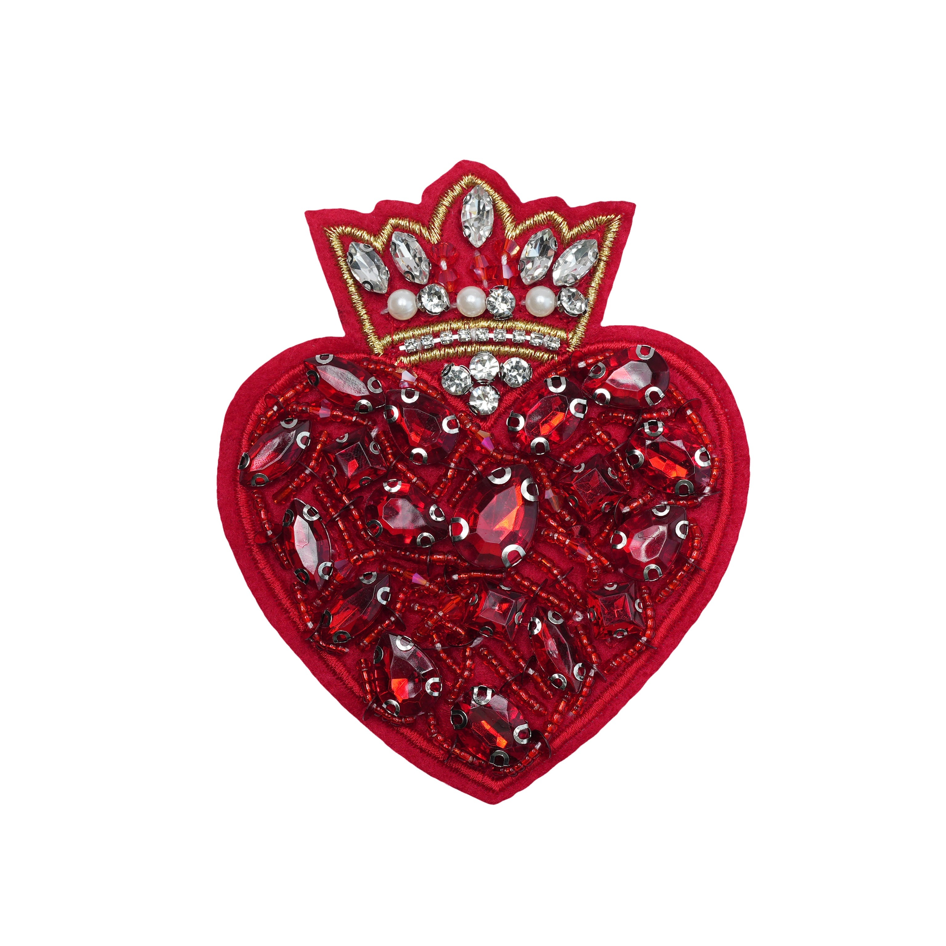 Image of A Handmade Crown Heart Patch With Bead And Diamond Embellishments For Decorating Bags, Clothing, And Hats, Without Adhesive Backing