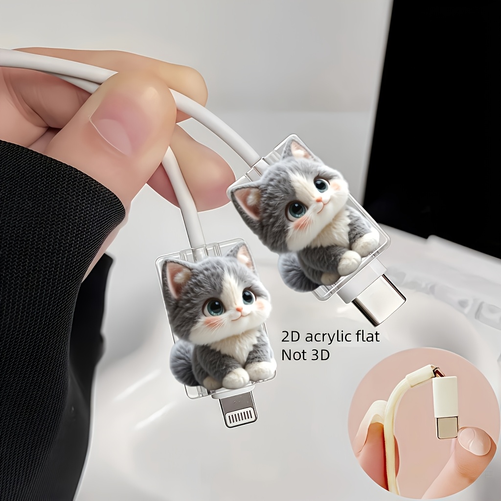 TEMU Dos Adorables Protectores de Cable de Gato Diseñados para Interfaces Tipo-C y Lightning—Cubiertas de Cable de Carga/Sincronización de Plástico