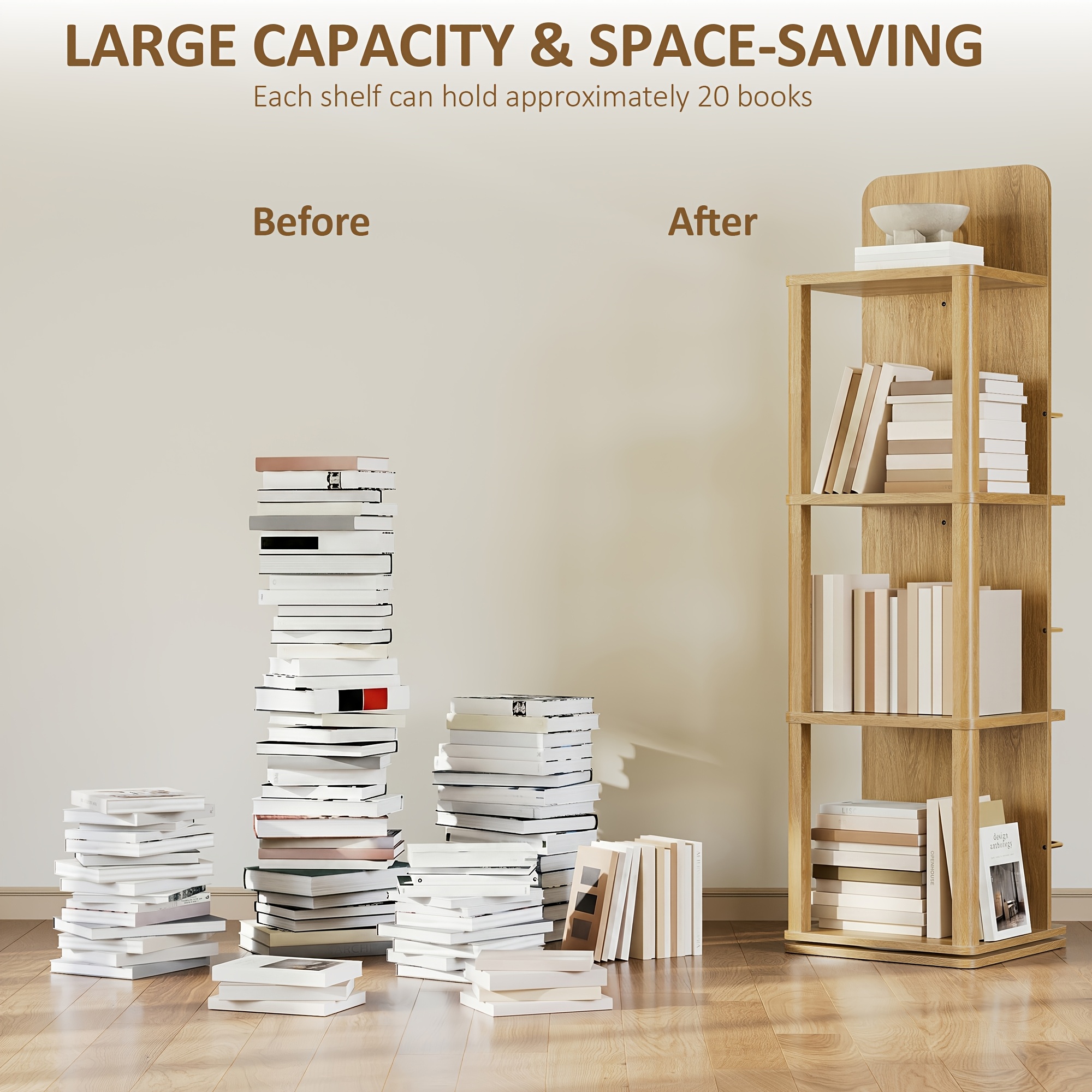 4-Tier Rotating Bookshelf Tower with 360° Spinning Shelves - Natural Oak Wood Freestanding Bookcase Suitable for Small Spaces, Space-Saving Rolling Shelf for Home Office, Living Room, Assembly, Modern Square Bookcase for Books & Decor