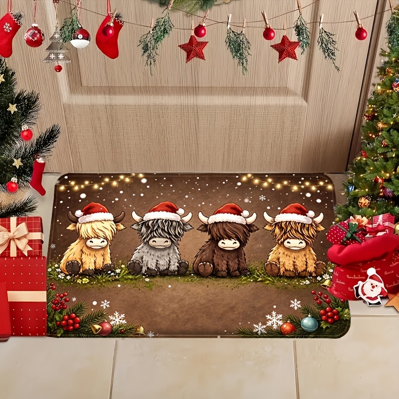 TEMU Doormat, Doormat 1pc 2d Flat Dark Brown Vintage 4 Christmas String Lights, Pine Branches, Snowflakes Rectangular Flannel Entrance Doormat,