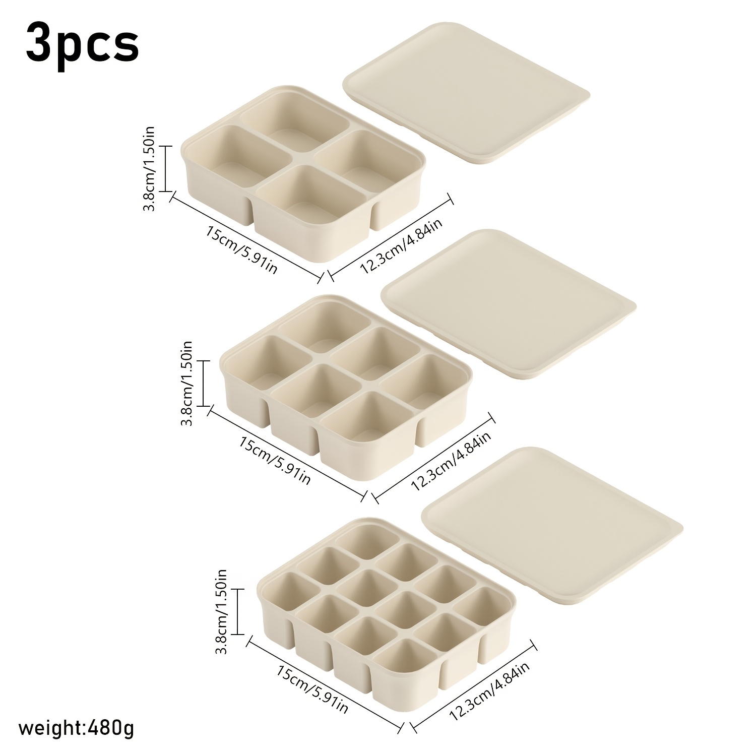TEMU Lot de 3 moules à gros glaçons réutilisables en silicone avec couvercle hermétique, moule à glace carré 4, 6 et 12 alvéoles, à glaçons carrés de