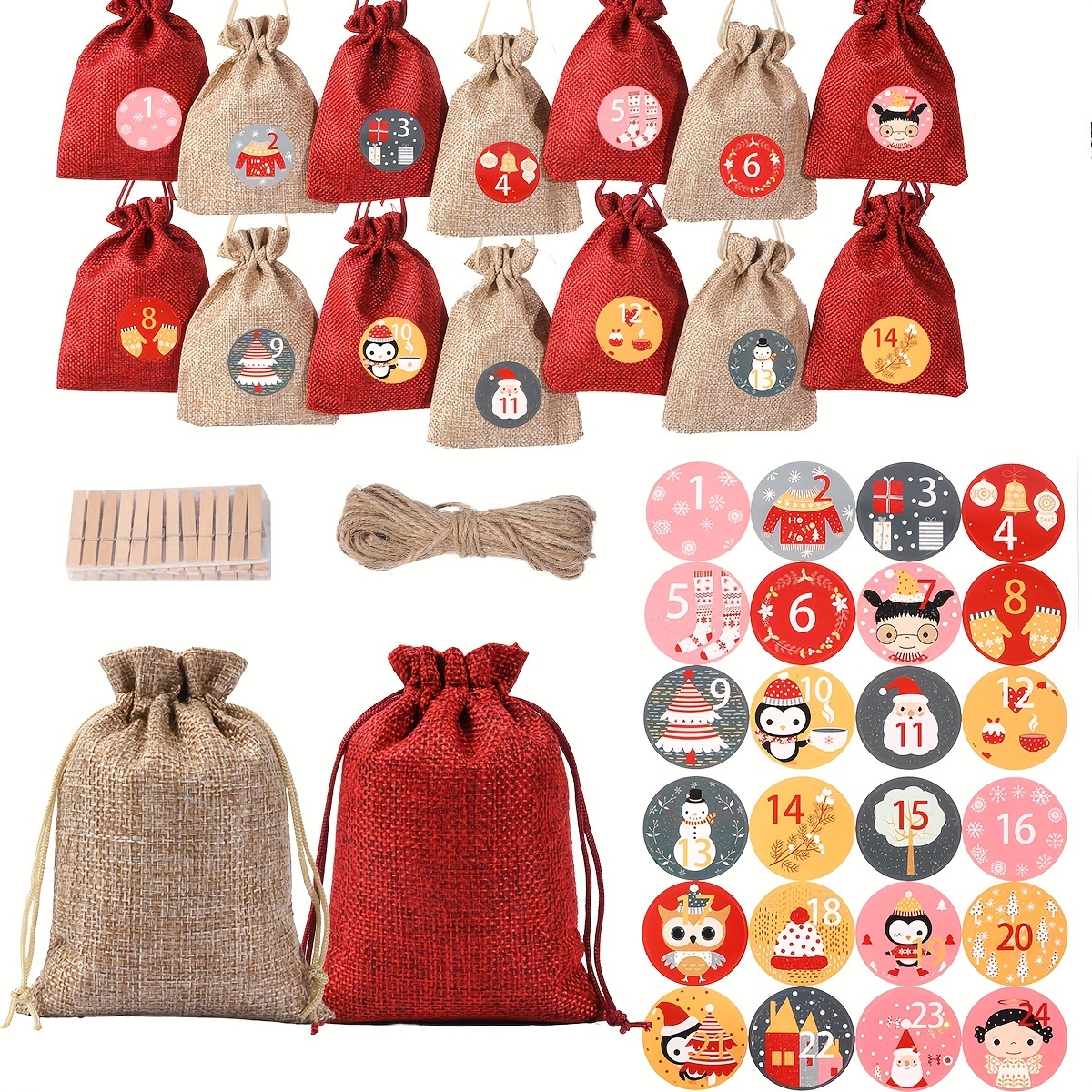 

Christmas Advent Calendar Drawstring Pouches, 24 Piece Fabric Burlap Goodie Bags Set With Wooden Clips And Twine For Candy, Gifts, And Home Decor - Diy Holiday Countdown Treat Bags