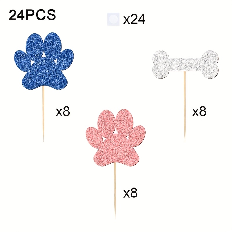 Image of 24pcs Dog Birthday Cupcake Toppers, Glitter & Bone Cupcake Toppers, Pet Dog Birthday Cupcake Picks, Birthday Party Decoration, Cake Decorating Supplies