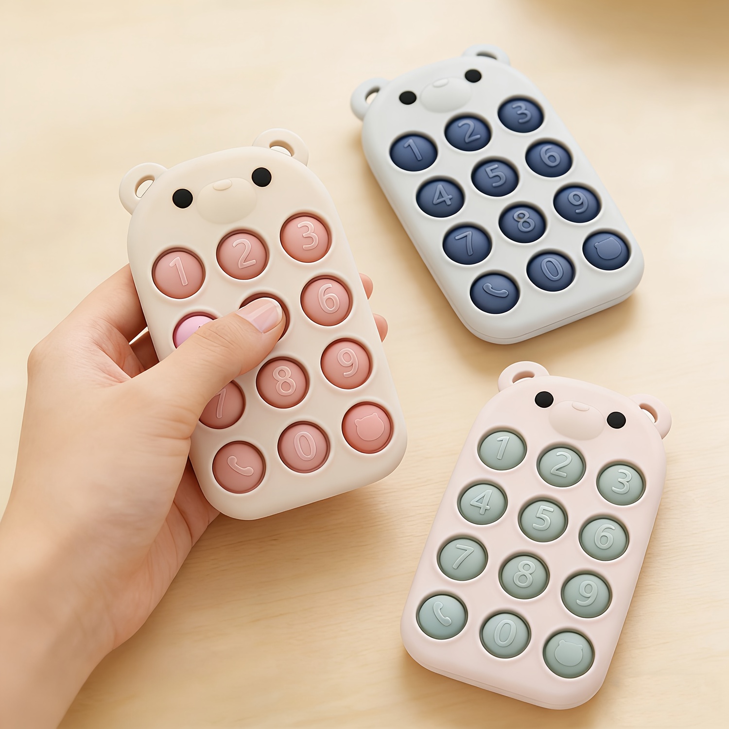 Silicone Phone-Shaped Teether Toy for Kids, Bear Button Design
