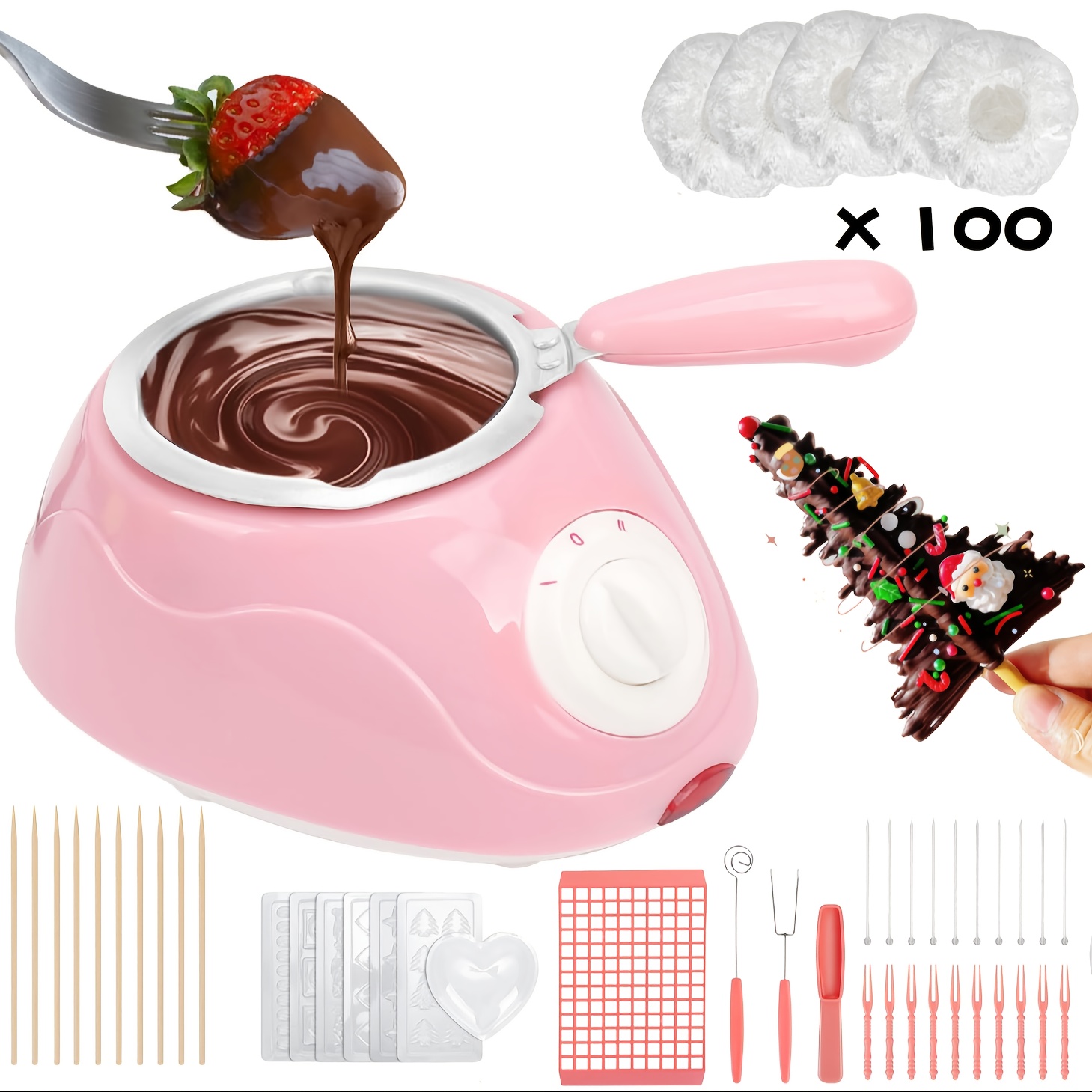 TEMU Pink/yellow Chocolate Fondue Pot, Luxury Electric Chocolate Set With Fork And Model Tool With 100 Plastic Bowl Covers Bags, For Melt Caramel