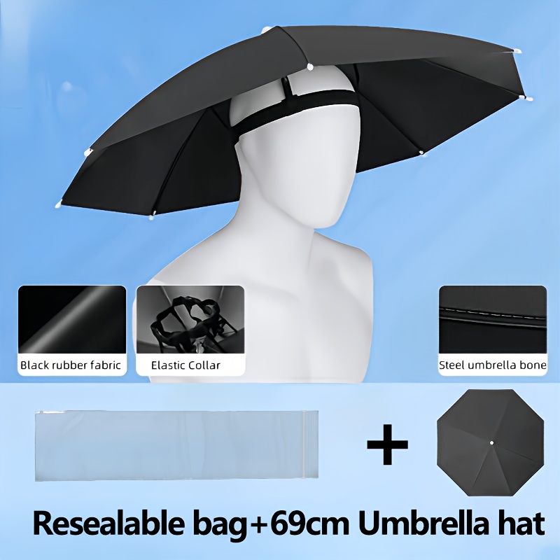 TEMU 1pc Sombrero con Paraguas Ajustable para la Cabeza, Bolsa de Plástico con Cremallera de 18 Mil, Adecuado para Pesca, Camping y Jardinería.