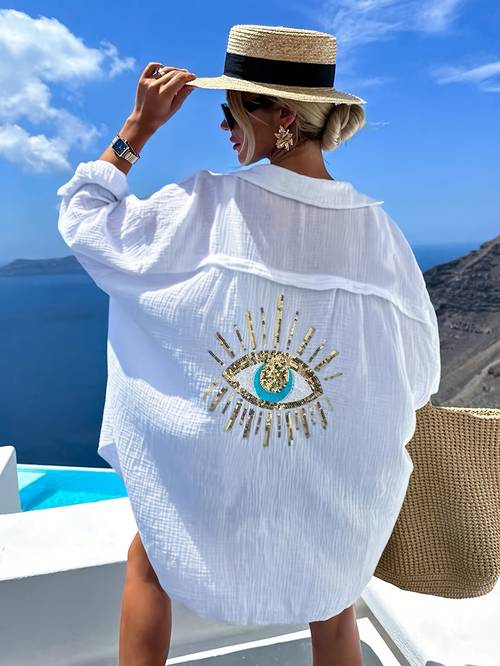 fashionable spring summer elegant french style loose fit casual womens long sleeve shirt with eyelet detail at the back
