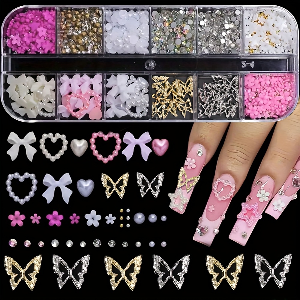TEMU 2pcs 12-grid Nail Charms And Rhinestones Set - Hypoallergenic Flatback Pearls, Acrylic Bow Flowers And Heart Shapes For Nail Art Decoration,