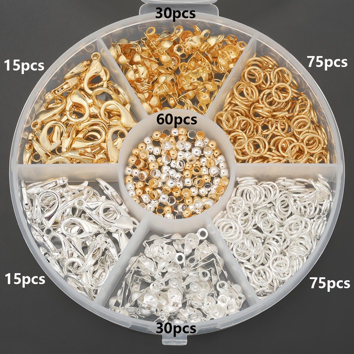 TEMU 300pcs/box Golden And Silvery Jewelry Clasp Parts Combination, Including 30pcs Lobster Clasps, 60pcs Spacer Beads, 60pcs Crimp Beads And 150pcs
