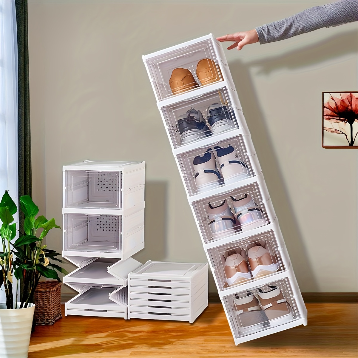TEMU 6-tier Foldable Shoe Rack Organizer 6 Pairs Clear Plastic Collapsible Stackable Shoe Boxes Storage Organizer With Doors Large Portable Easy