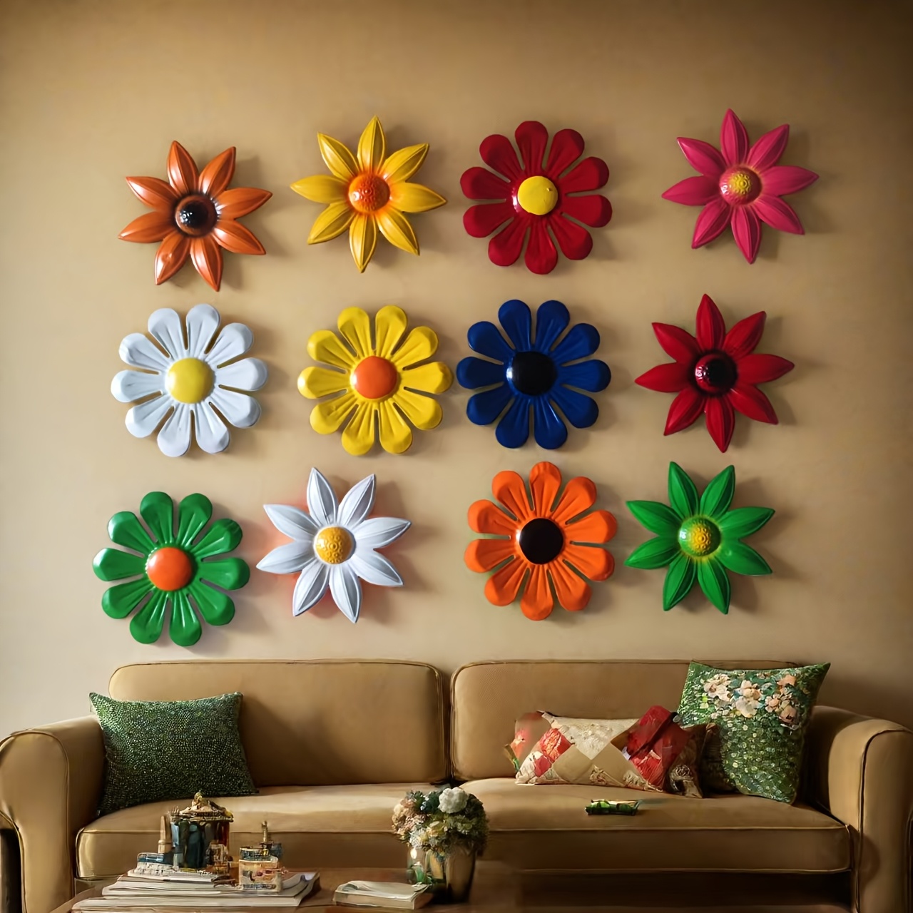 TEMU 12pcs Color Metal Wall-hung Flowers With 2 Different Designs Are Suitable For Wall Decoration In Living Room, Outdoor Bedroom And