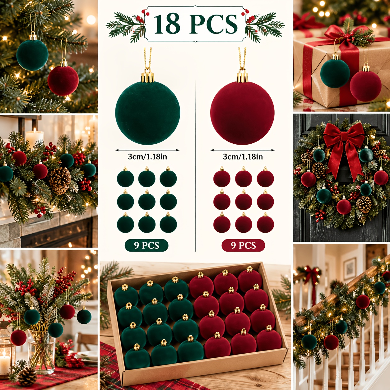 TEMU 18 Pz. Palline di Natale in Velluto, Ornamenti Rotondi in Peluche per Decorare di Natale, Decorazioni Invernali per la Casa, Palline Natalizie