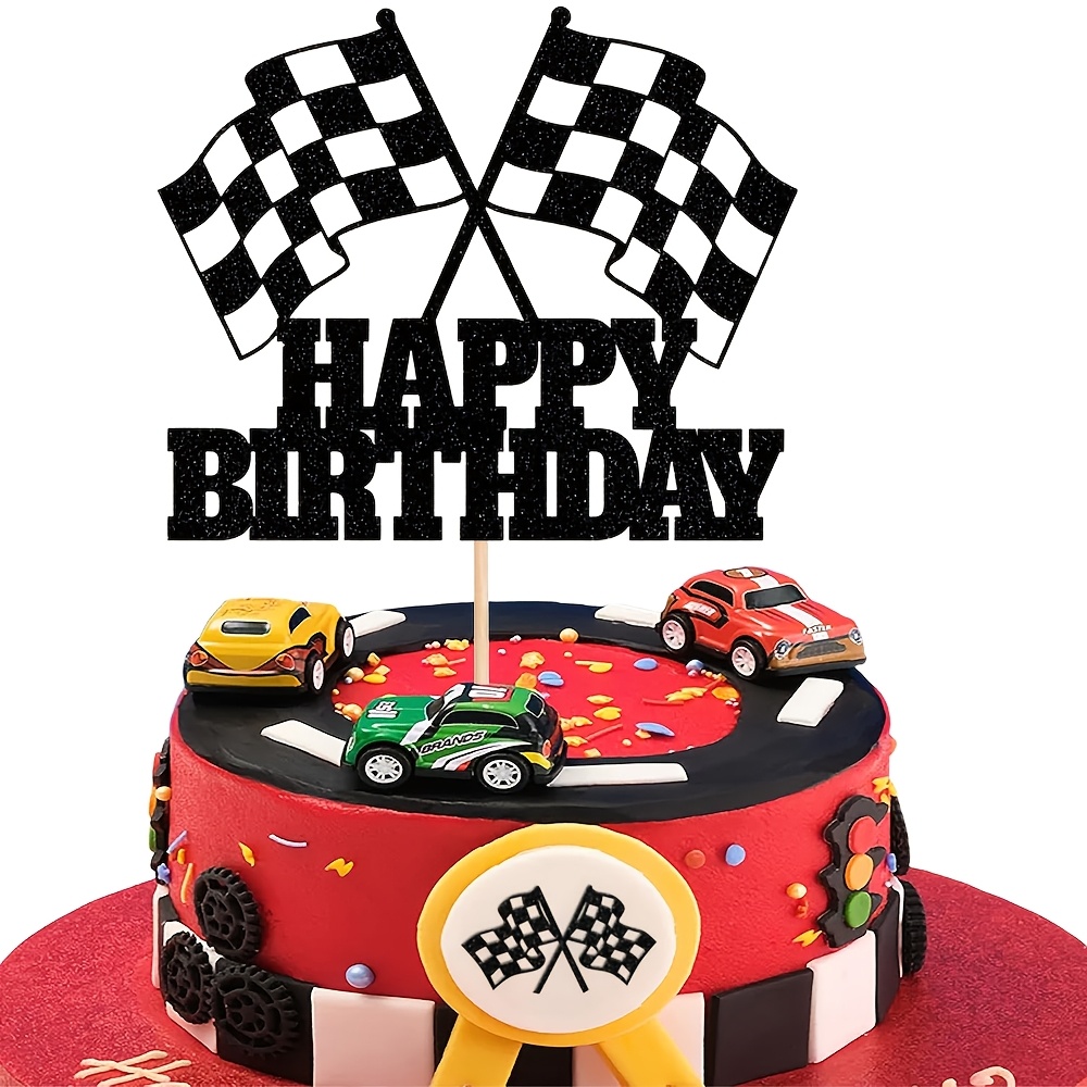 1pc Black Glitter Race Car & Checkered Flag Cake Topper - Happy Birthday Cake Decor For Boy Girl For Man Kids Racing Themed Birthday Party Cake Picks Decorations Supplies