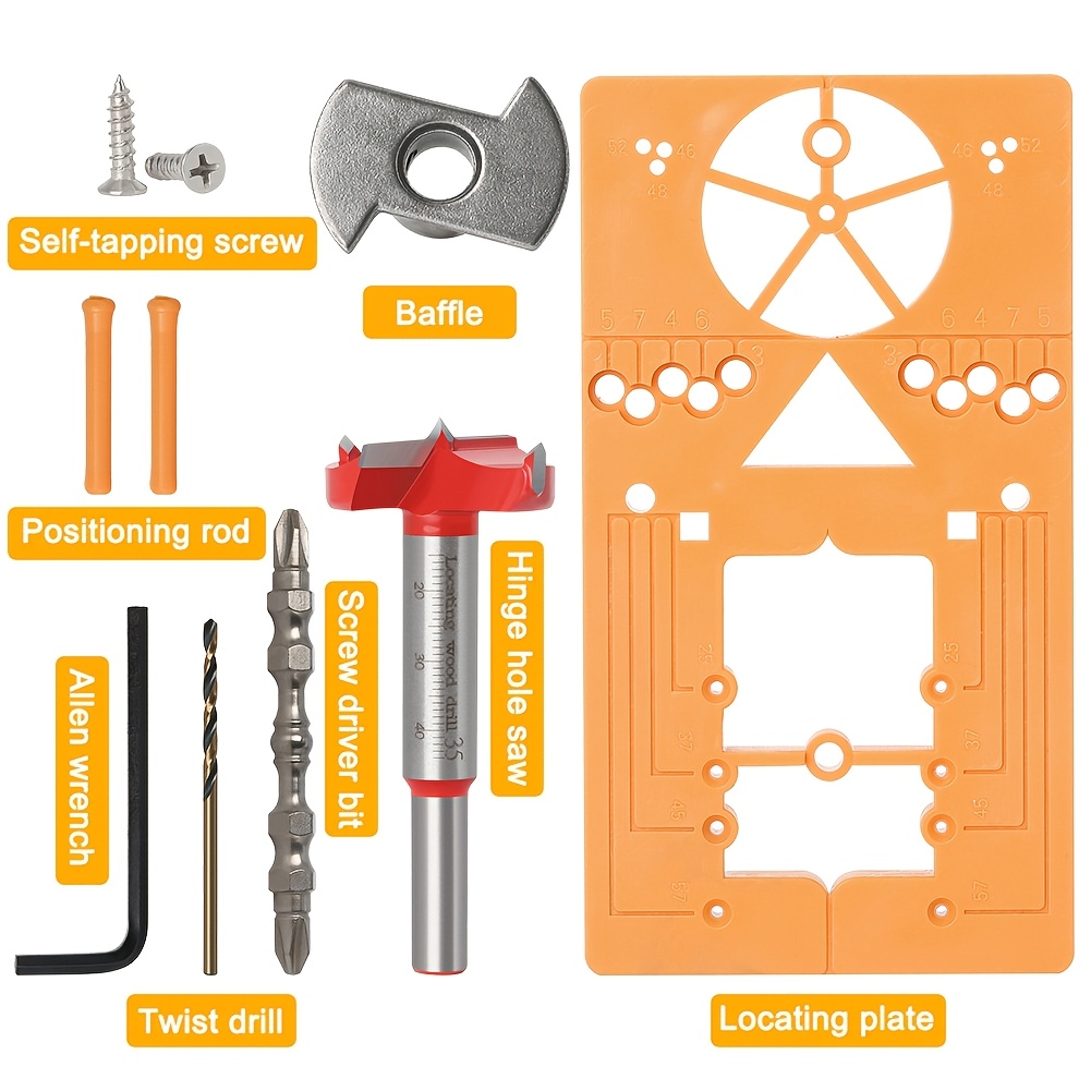 Hinge Jig Drill Guide Template - 7pcs Cabinet Hinge Locator Kit For Woodworking, Door Installation With Carbide Drill Bits, Aluminum Alloy, Adjustable & Durable