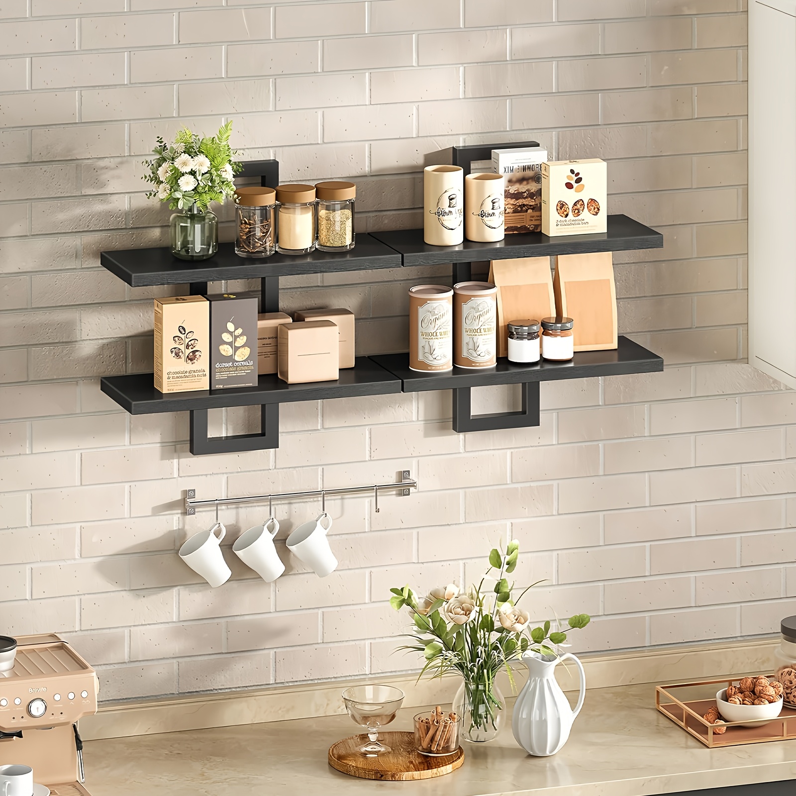Image of Multi-piece Wall-mounted Storage Rack, Sturdy And Load-bearing, Nordic Style Wall-mounted Storage Rack, Multi-functional Storage Rack For Kitchen, Bathroom, And Living Room, In Black And Brown