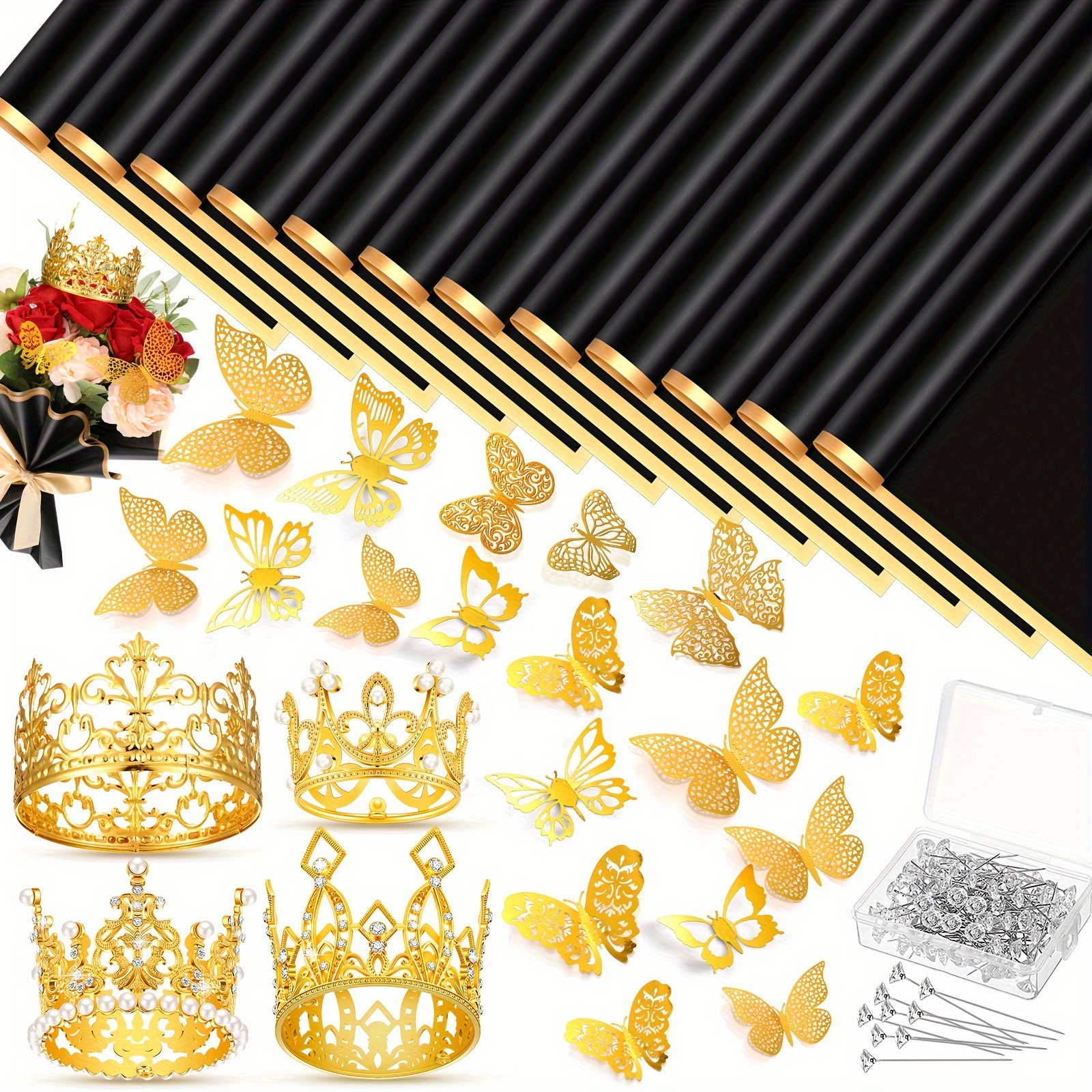 

312 Pcs Gold Edge Flower Wrapping Paper Bulk Crowns For Flower Bouquets Wedding Corsages Pins For Flower 3d Gold Butterfly Wall Decor For Graduation Birthday Wedding Diy Craft (black)