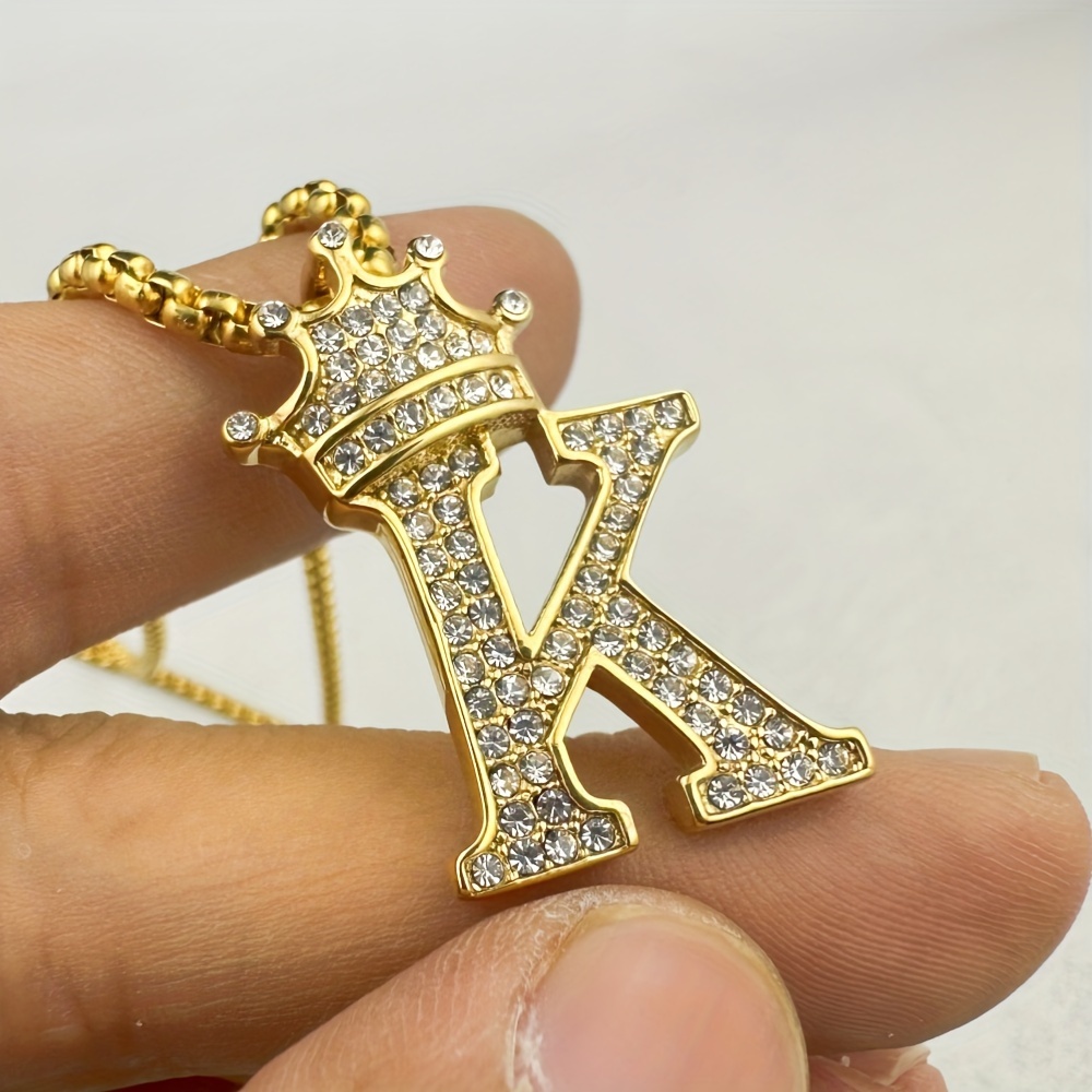 Greppn 1-teiliges Set mit plattiertem 316L Edelstahl-Anfangsbuchstaben-Anhänger und Strasssteinen – lässiger Hip-Hop-Schmuck für Damen und Herren_voghion.com