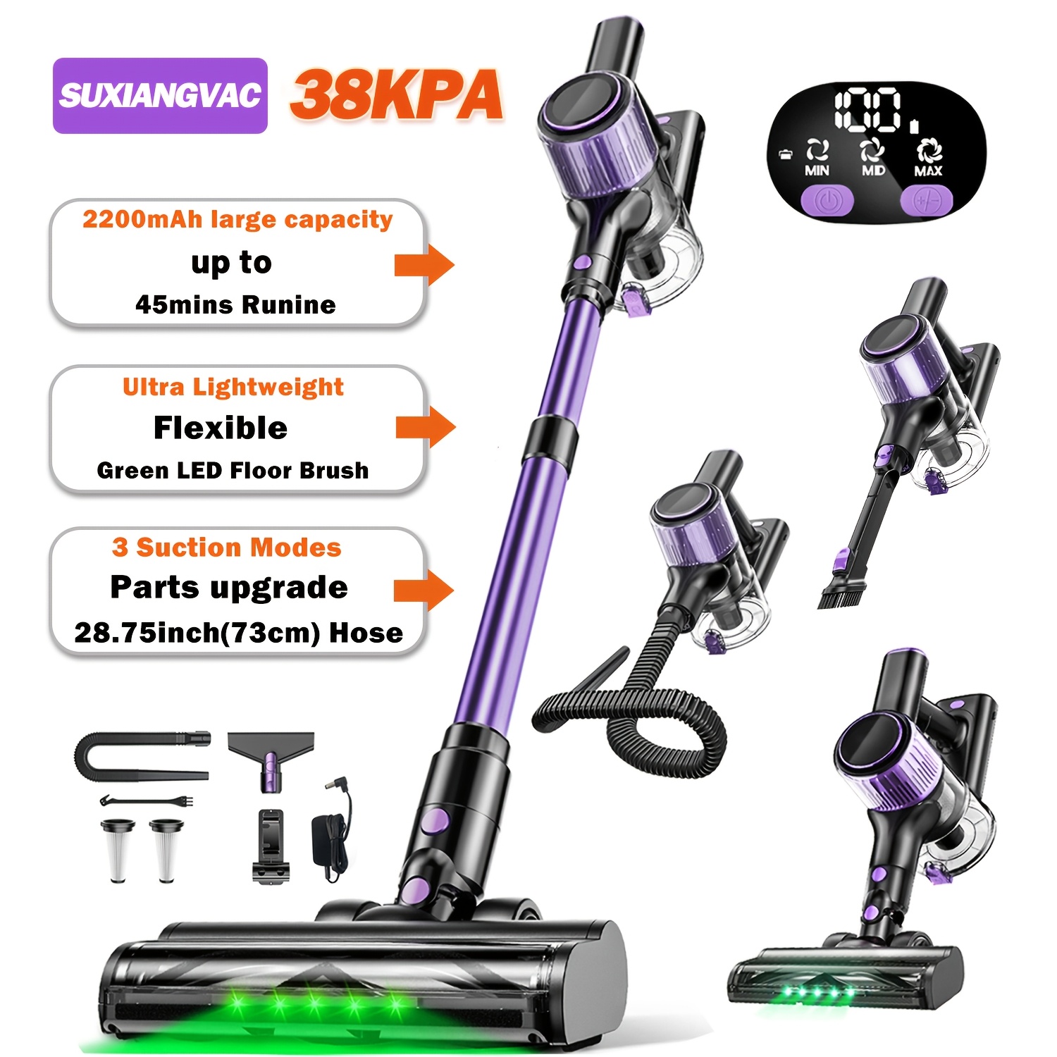 TEMU Cordless Vacuum Cleaner, 38kpa/45mins Vacuum Cleaners For Home, 10-in-1 Stick Vacuum With Upgraded Extra-long Hose, Anti- Brush, , Lightweight