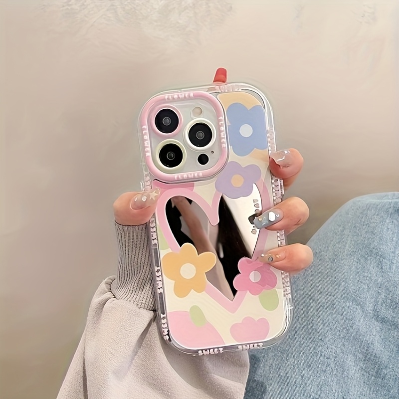 Macaron Flower Heart-Shaped Mirror Phone Case Compatible with Apple Iphone 16/15/14/13/12/11/X/XR/XS/8/7/SE Mini Plus Pro Max Series, Mirror Cream Shell Material - Transparent - Macaron