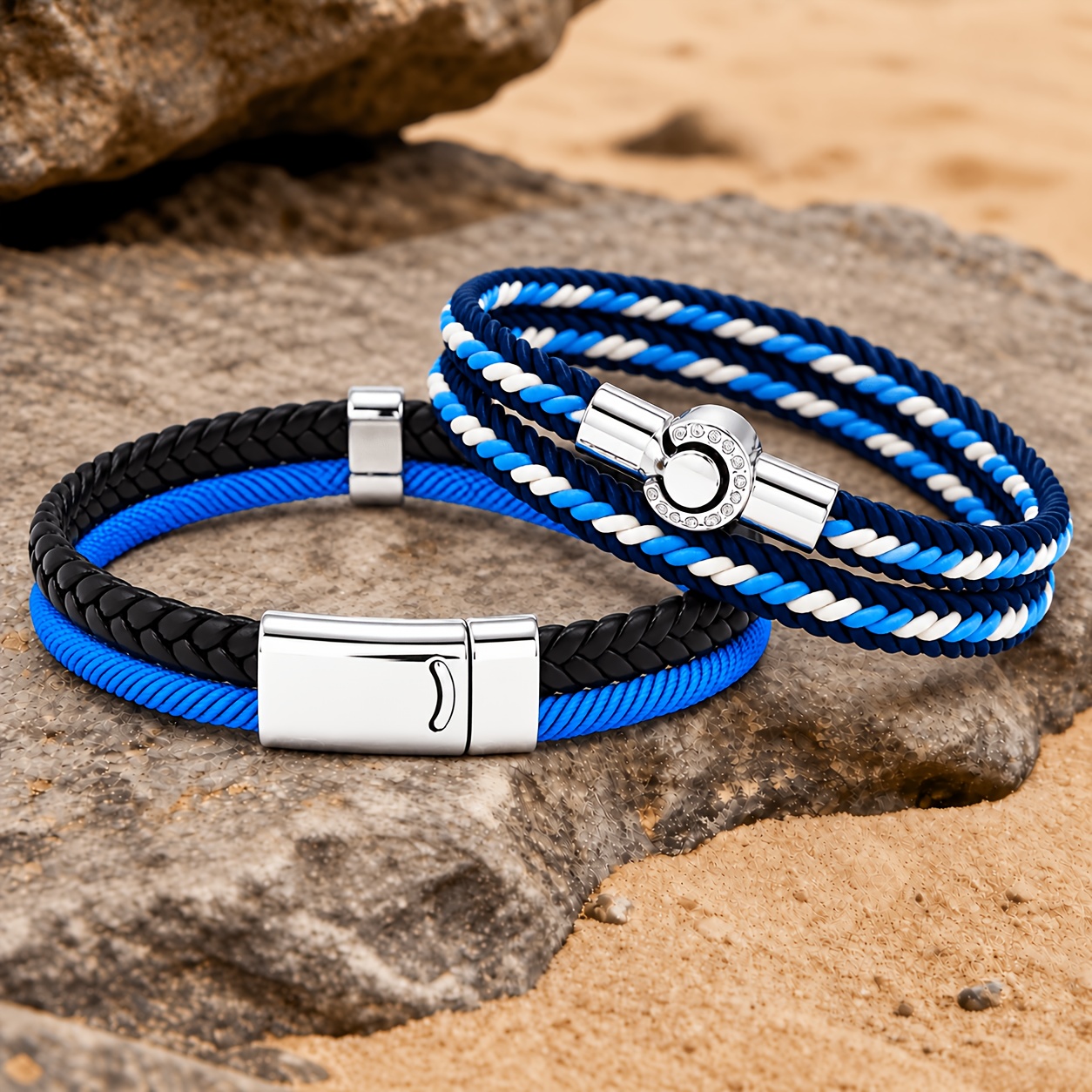 TEMU Juego de 2 pulseras vintage de cuerda trenzada para hombre, cierre magnético, muñequeras tejidas coloridas, joyería casual apilable, aptas para