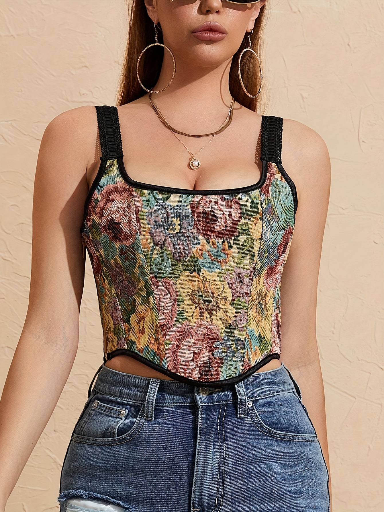 Floral Print Lace Corset Top Casual Sleeveless Strap Bustier - Temu