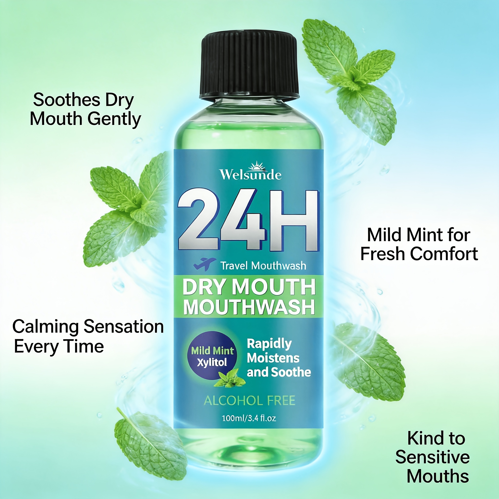 24H Dry Mouth Mouthwash - Rapidly Moistens And Soothes with a Minty Taste, Contains Xylitol, Helps Maintain Oral Comfort, Long-Lasting Oral Comfort, Travel Mouthwash, No Oral Irritation, Natural Ingredients for Daily Oral Care, Suitable for Everyone