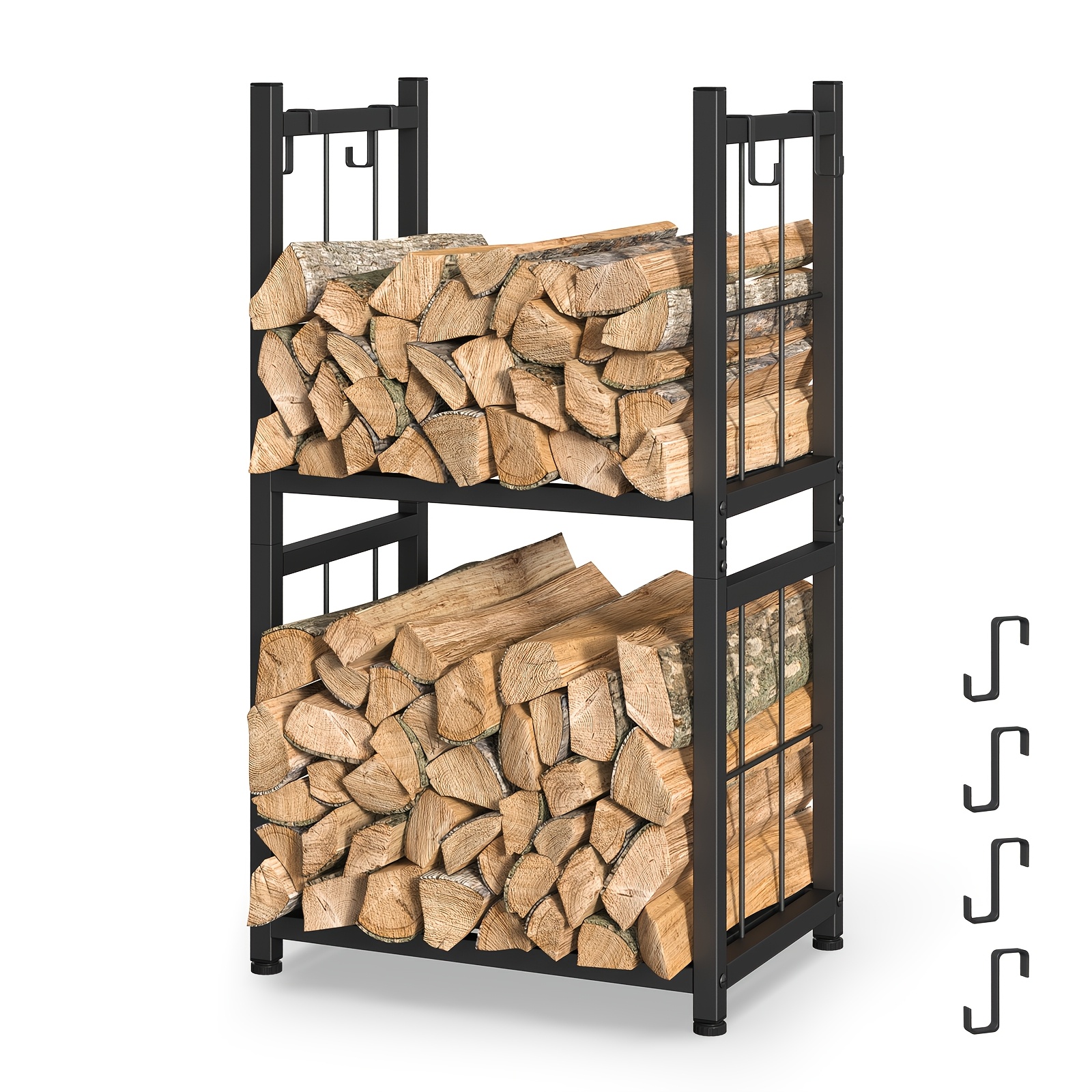 

Firewood Rack Indoor, 2-tier Log Holder With 4 Hooks, Wrought Iron Rack For Fire Pits And - Black