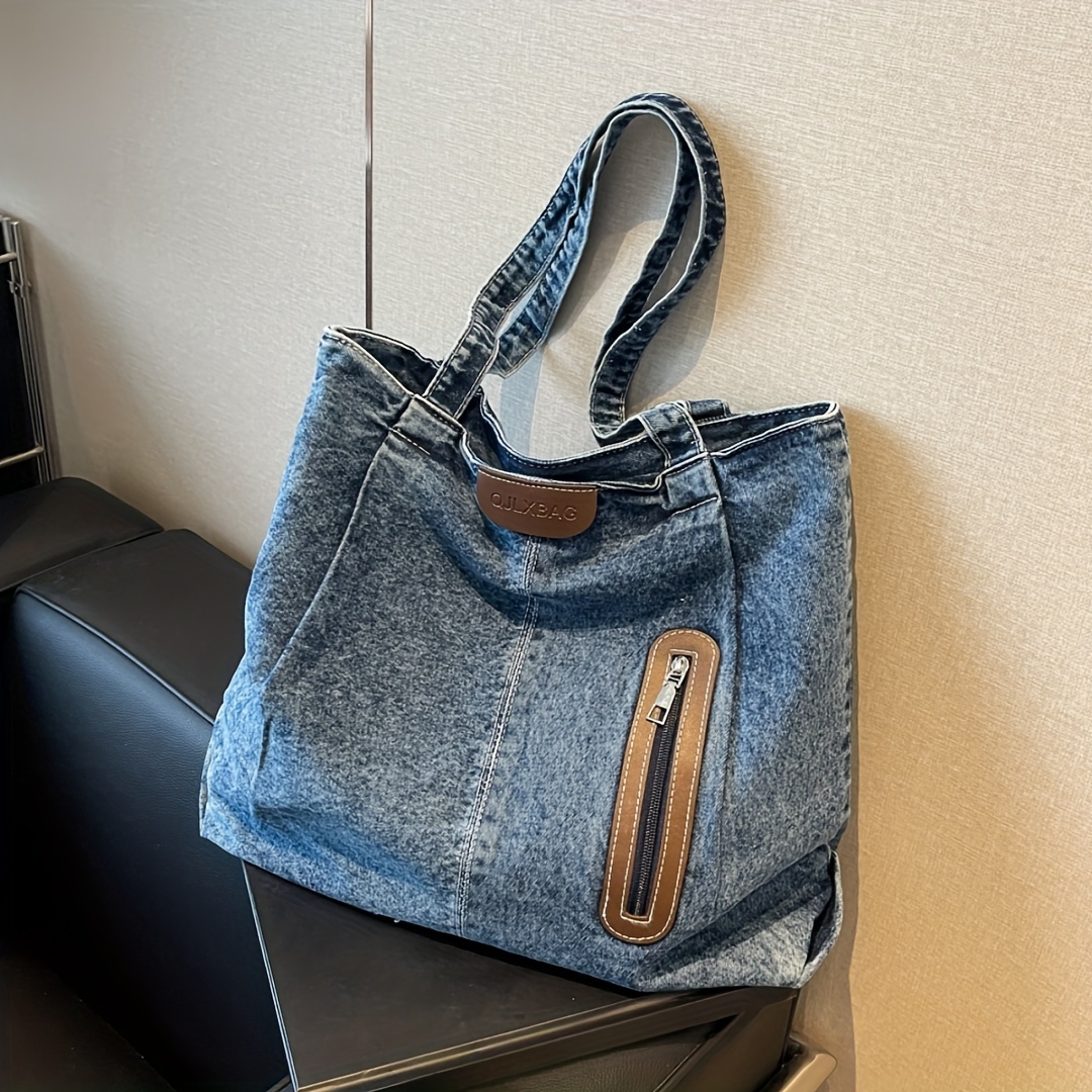 chic denim crossbody bag for women trendy shoulder handbag with zip closure polyester lined fashionable details 4