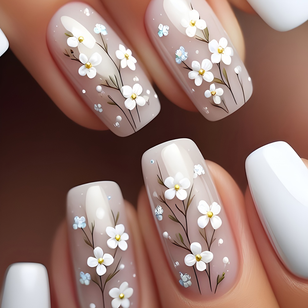 

24pcs Medium Press-on Nails, White Flowers Pattern, Artificial False Nails For Manicure