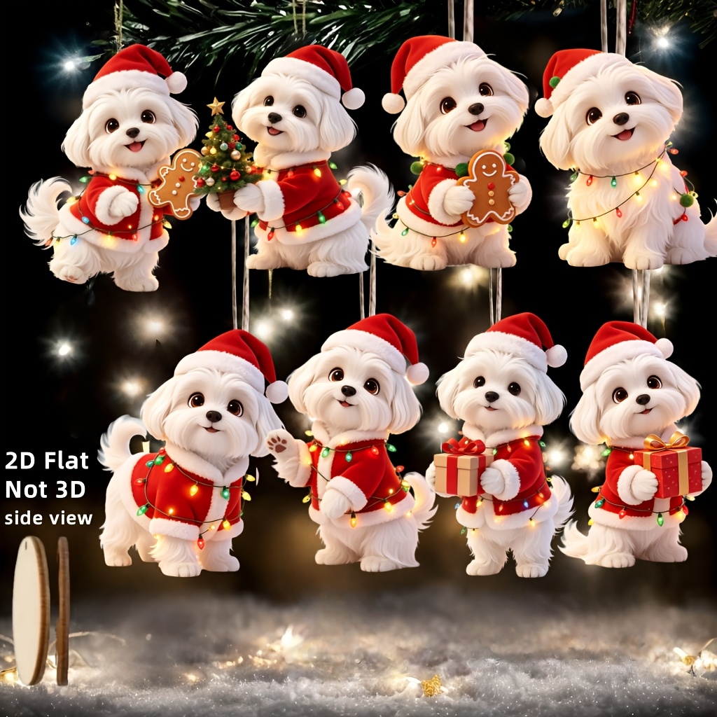 TEMU 2d Flat 8pcs Christmas Gift Box Maltese Dog Ornaments, Classic Holiday Element Printed Decorative Shapes, For Christmas And New Year Decor And