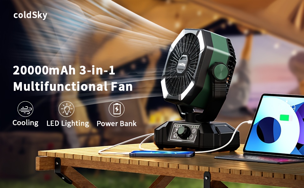 20000mah battery powered camping fan dual motor 8 speed remote   led lanterns portable outdoor fan with tent hook for camping   construction sites details 0