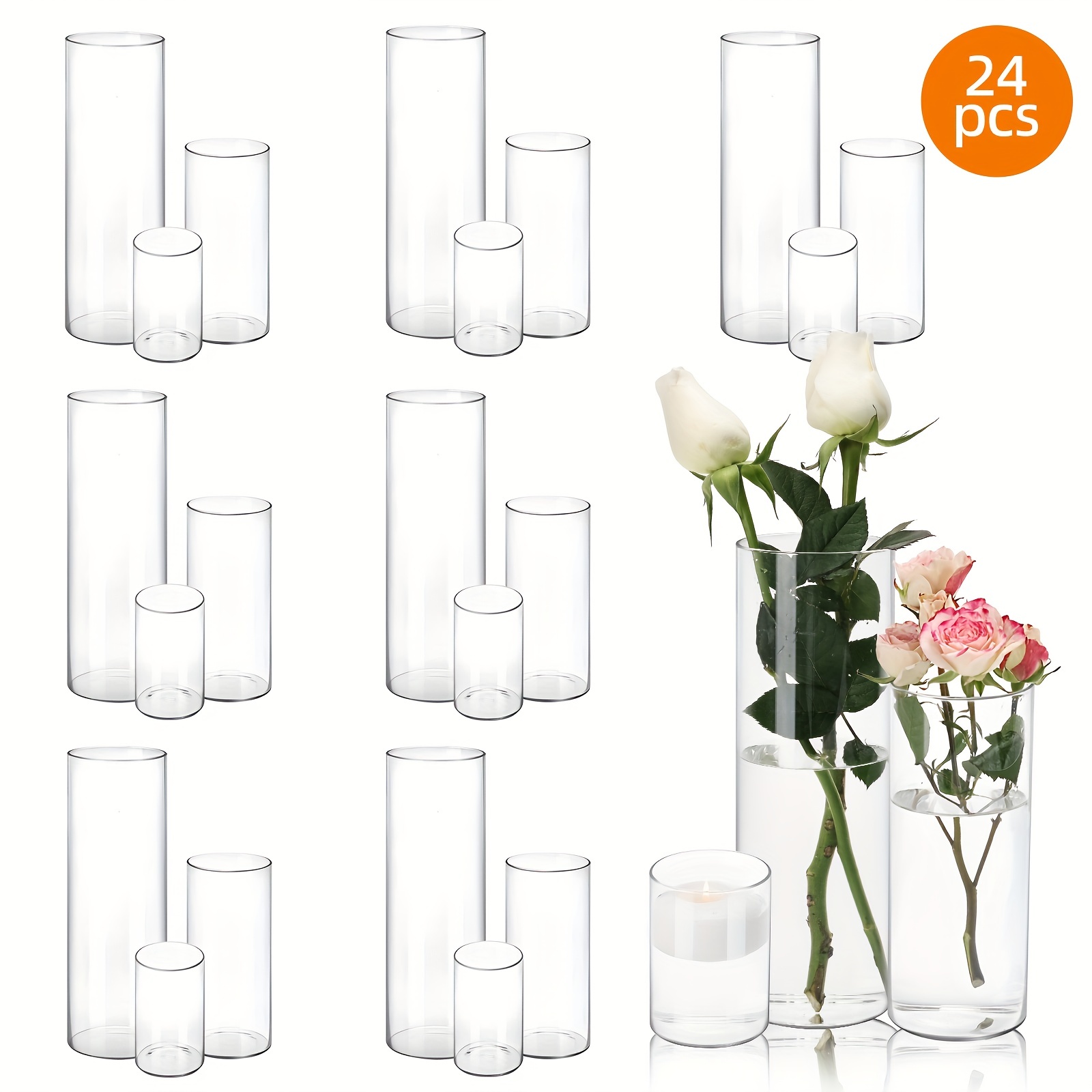 TEMU 9/15/24pcs Clear Glass Cylinder Vases, 4, 8, 12 Inch Tall Cylinder Vases For Centerpieces, Glass Flower Vase, Hurricane Floating Candle Holder