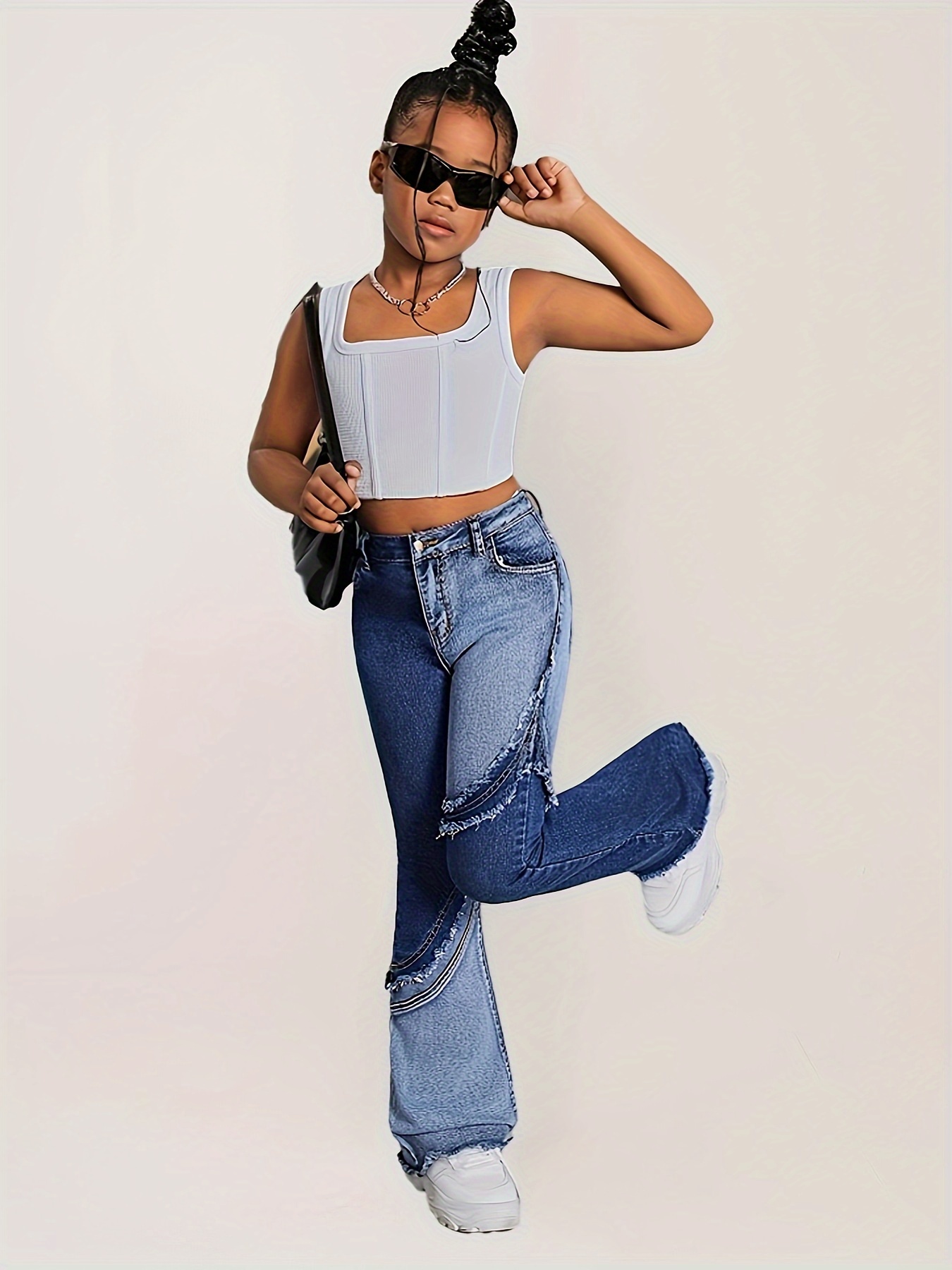 girls' fashion denim bell bottom jeans color block Temu Germany