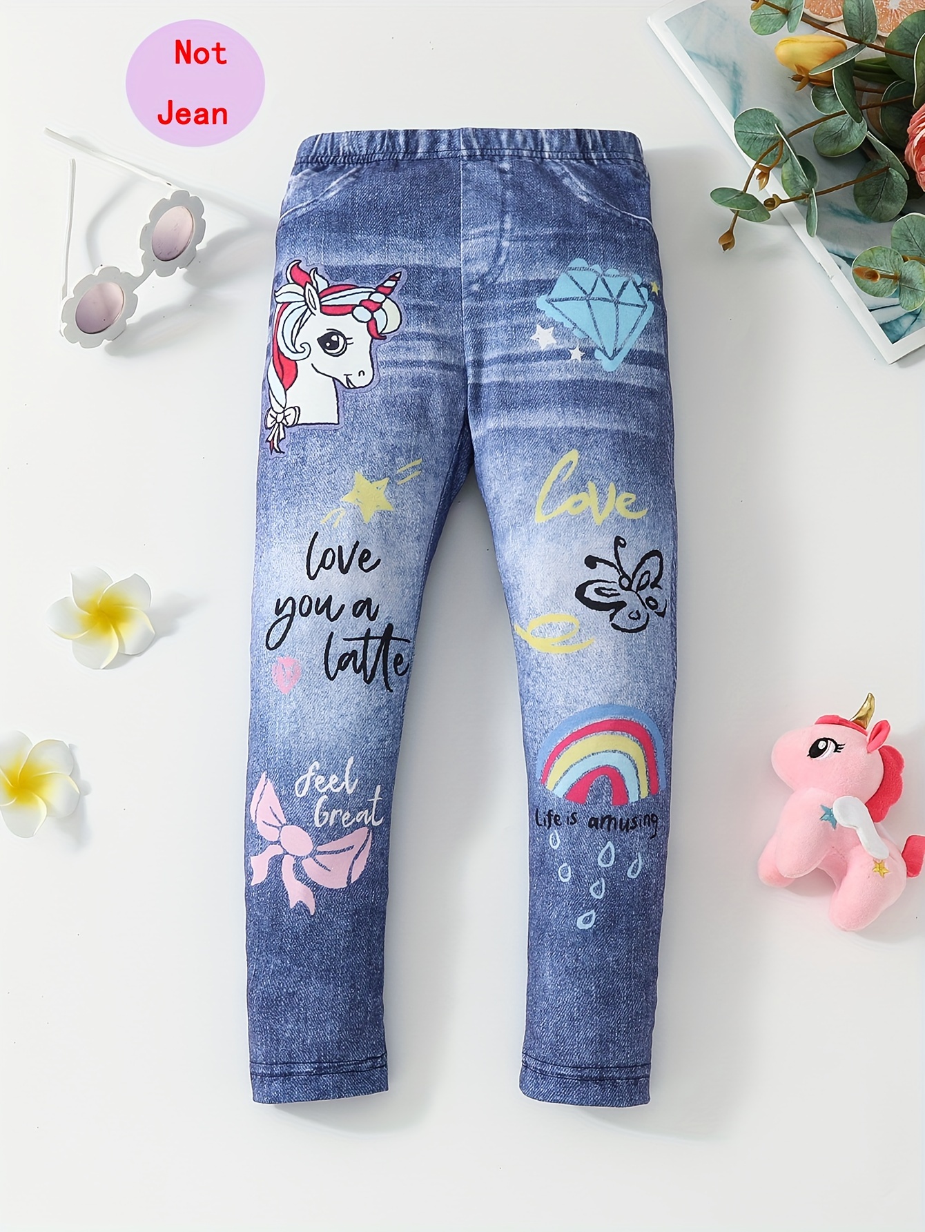 Girls Casual Cute Unicorn Print Imitation Denim Print Pants - Temu Canada