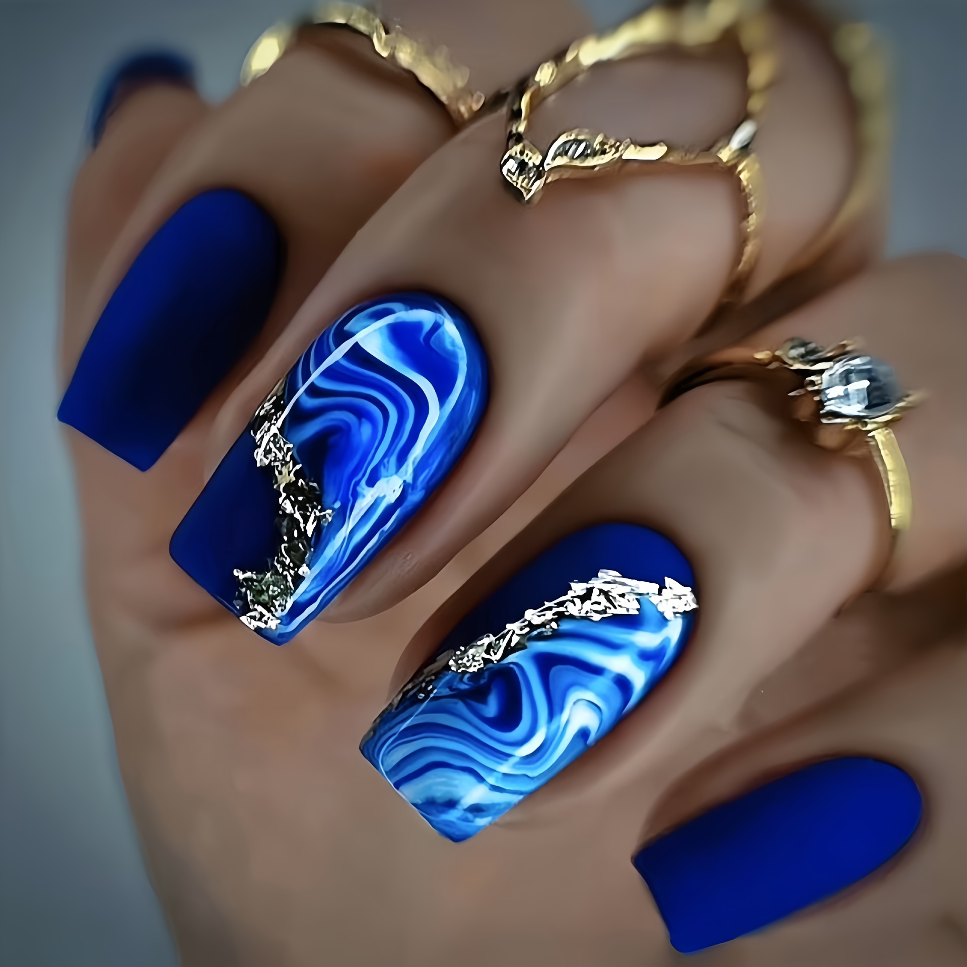 

Blue Marbled Nail Tips With Golden Stripes - Medium Length, Square Shape, Shiny Finish