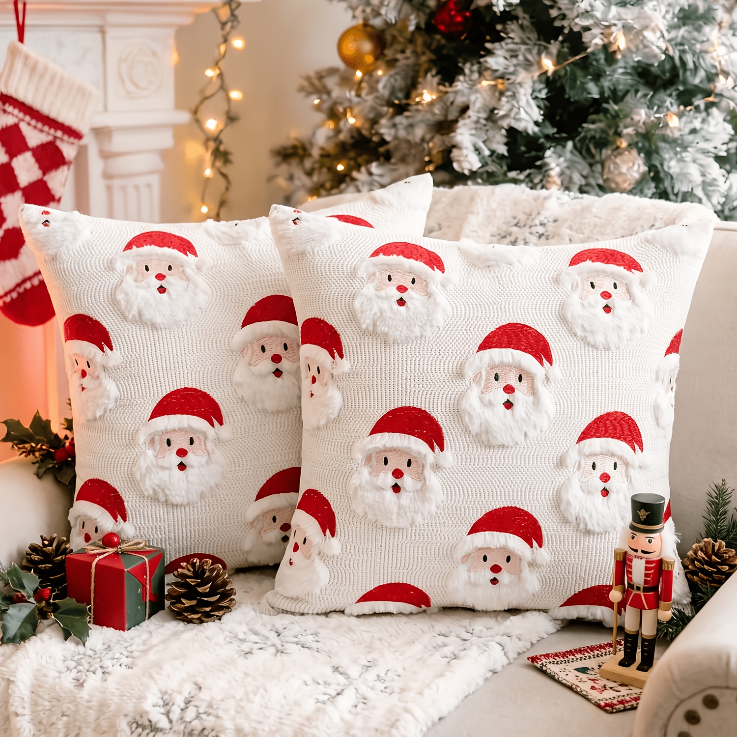 TEMU 2-pack Christmas 3d Jacquard Cute Santa Claus Throw Pillow Covers - Soft Plush Embroidered Cushion Cases, 18x18 16x16 12x20 20x20 Inch Farmhouse